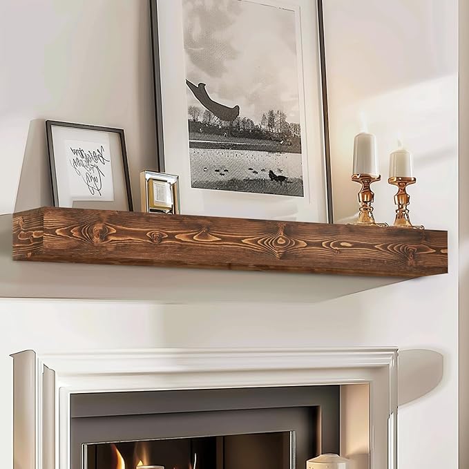 48x8x5 Fireplace Mantel - Handcrafted Hollow Rustic Solid Wood Wall Mounted Floating Shelf with Invisible Heavy Duty Wood Bracket (Weathered Brown)-CasaMuseHome