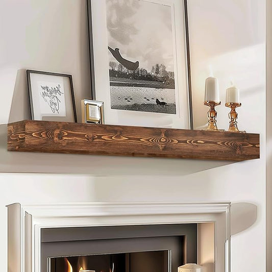 48x8x5 Fireplace Mantel - Handcrafted Hollow Rustic Solid Wood Wall Mounted Floating Shelf with Invisible Heavy Duty Wood Bracket (Weathered Brown)-CasaMuseHome