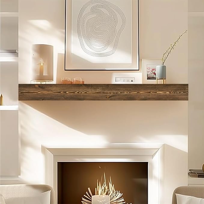 56x8x3 Fireplace Mantel - Handcrafted Hollow Rustic Solid Wood Wall Mounted Floating Shelf with Invisible Heavy Duty Wood Bracket (Weathered Brown)-CasaMuseHome