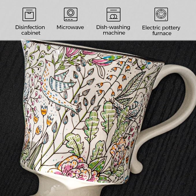 360ml -12.17oz Painted Garden floral Ceramic Mug - Cute Espresso Latte Shot Cup - Gift for Women, Dishwasher Safe-CasaMuseHome