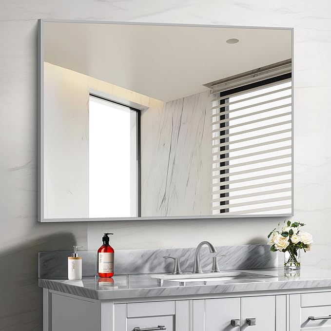30x40In Silver Bathroom Mirror for Wall, Brushed Nickel Rectangle Mirrors with Metal Frame, Bathroom Rectangular Mirror Modern Wall Mirror for Bedroom Living Room, Hangs Horizontal or Vertical-CasaMuseHome