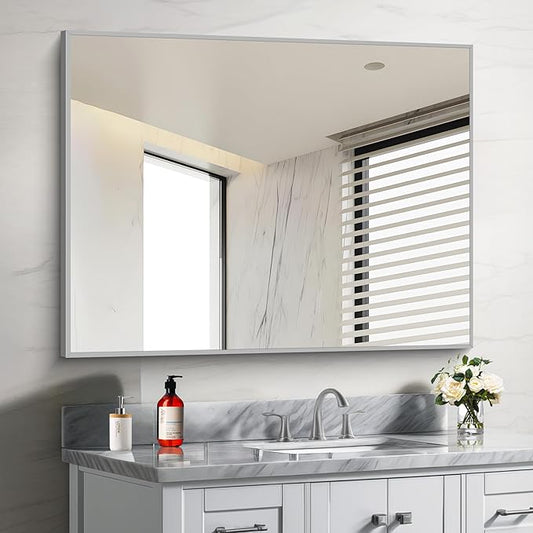 30x40In Silver Bathroom Mirror for Wall, Brushed Nickel Rectangle Mirrors with Metal Frame, Bathroom Rectangular Mirror Modern Wall Mirror for Bedroom Living Room, Hangs Horizontal or Vertical-CasaMuseHome