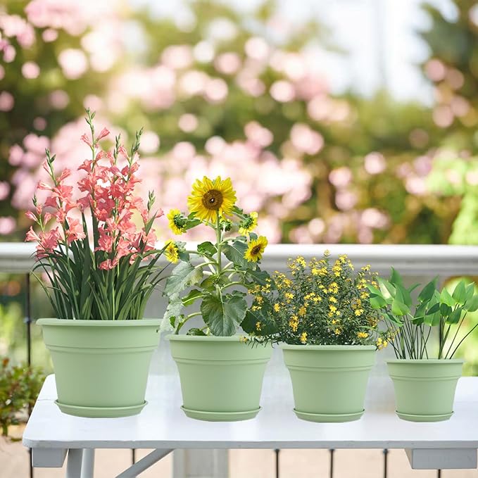 13 Inch Plastic-Flower-Pot-for-Indoor-Plants, 4 Pack Large Outdoor Planter Pot with Drainage Holes & Saucers, Resin Decorative Garden Pots Planters-CasaMuseHome