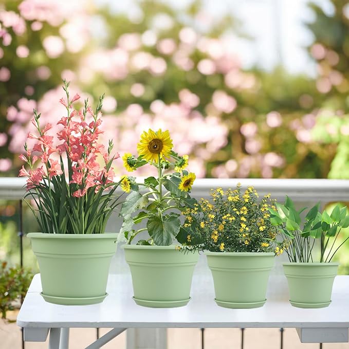 16 inch Plastic-Flower-Pot-for-Indoor-Plants, 4 Pack Large Outdoor Planter Pot with Drainage Holes & Saucers, Resin Decorative Garden Pots Planters-CasaMuseHome