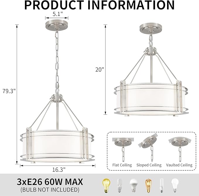 16.3''Drum Chandelier 3-Light Brushed Nickel Modern White Fabric Chandeliers Adjustable Drum Pendant Light for Dining Room Kitchen Island Hallway Living Bedroom-CasaMuseHome