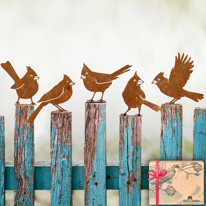 5PCS Rusty Birds Decoration, Garden Decor Spring Decorations Outdoor, Metal Birds Yard Decor Perfect Yard Art and Large Outdoor Ornaments, Cardinal Gifts，Metal Bird Silhouette Statues-CasaMuseHome
