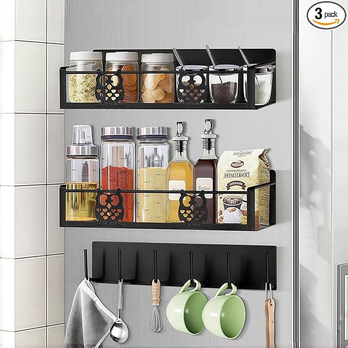 3 Pack Moveable No Drilling Heavy Magnet Spice Rack for Refrigerator Organizers and Storage,Space Saving Kitchen Organization with Magnetic Hooks,Owl Kitchen & Home Decor(Black)-CasaMuseHome