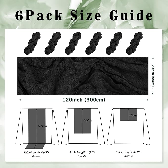 10FT 6 Pack Black Cheesecloth Table Runner 20 x 120 Inch Long Boho Fabric Rustic Cheese Cloth Table Runner for Wedding Bridal Shower Baby Shower Gauze Sheer Birthday Party Table Decorations-CasaMuseHome