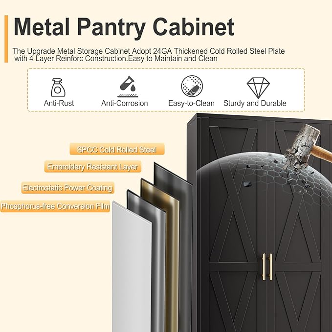 61" H Metal Kitchen Pantry Storage Cabinet, Freestanding Cupboard with 2 Doors and 3 Adjustable Shelves, Standing Storage for Kitchen, Bathroom, Garage, Dinning Room or Utility Room（Black）-CasaMuseHome