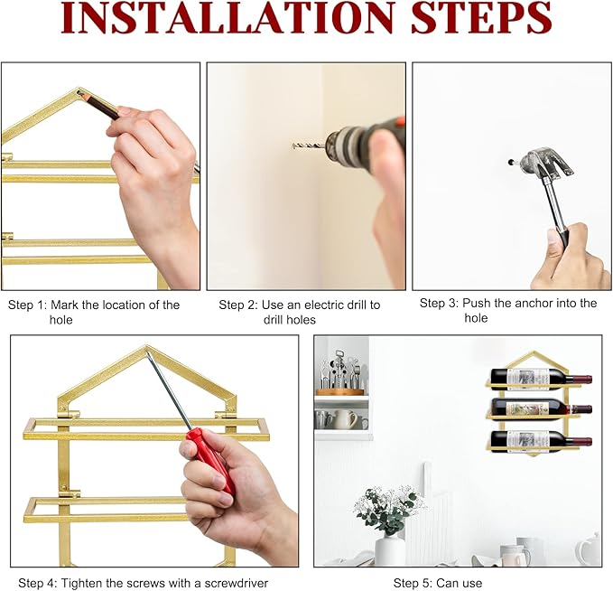 2Pcs Wall Mounted Wine Stemware Rack, Metal Hanging Wine Glass Display Holde Holds 3 Bottles, Elegant Storage for Kitchen Dining Room Bar Wine Cellar (Gold)-CasaMuseHome