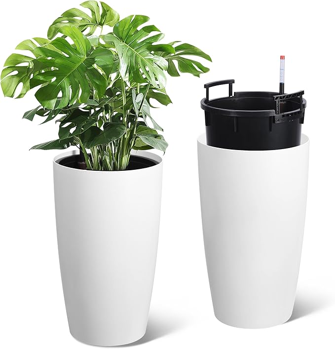 22" Tall Round Planter Set of 2, Self Watering Pots for Indoor Plants, Large Flower Pot Outdoor with Built-in Drainage and a Water Level Monitor, for Patio, Porch, Living Room, or Home Office, White-CasaMuseHome