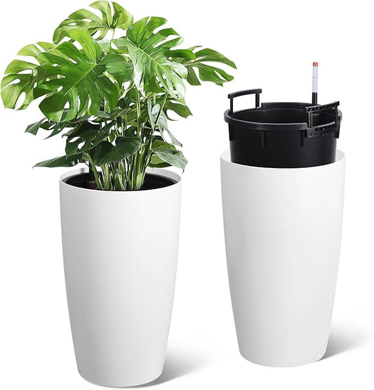 22" Tall Round Planter Set of 2, Self Watering Pots for Indoor Plants, Large Flower Pot Outdoor with Built-in Drainage and a Water Level Monitor, for Patio, Porch, Living Room, or Home Office, White-CasaMuseHome