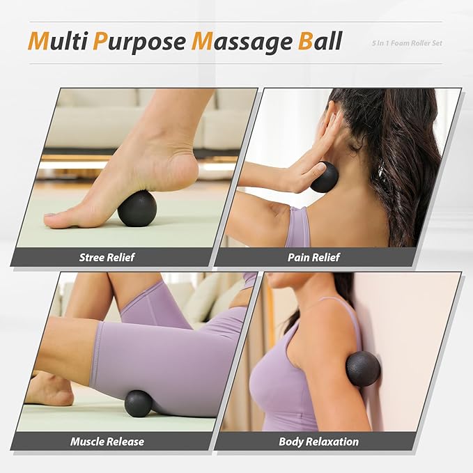 5 in1 Foam Roller Set, Trigger Point Foam Roller, Massage Roller Stick, Massage Ball, Resistance Band for Deep Muscle Massage Pilates Yoga,Fitness Exercise for Whole Body (Pure Black)-CasaMuseHome