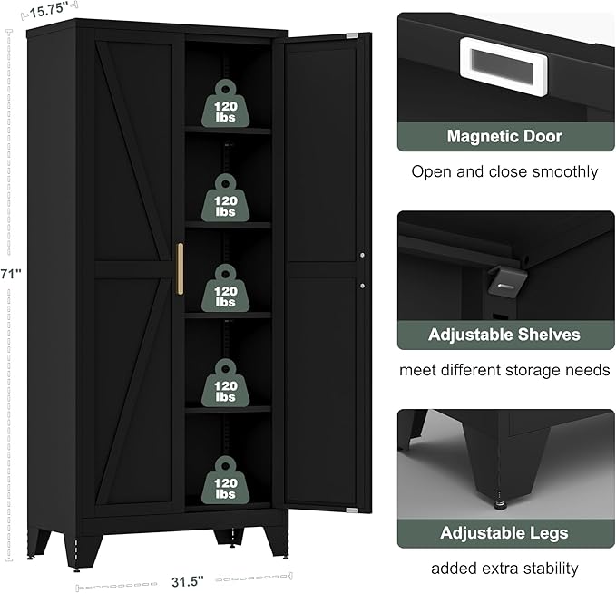 71'' Farmhouse Metal Storage Cabinet with Barn Doors,Steel File Cabinet for Home Office,Kitchen Pantry 4 Adjustable Shelves,Freestanding Cupboard for Kitchen,Home Office (Black)-CasaMuseHome