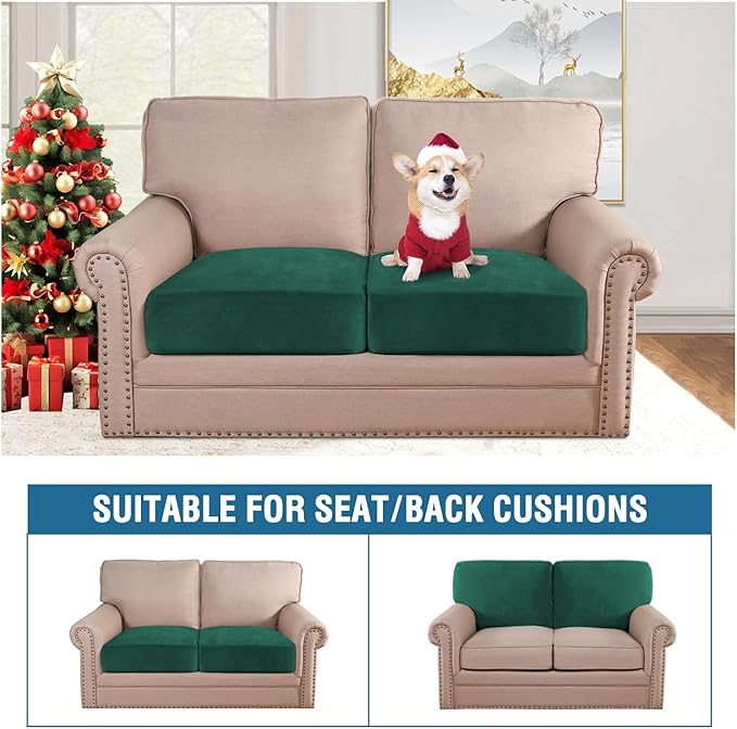 H.VERSAILTEX Velvet Stretch Couch Cushion Cover Plush Cushion Slipcover Cushion Furniture Protector for Seat Cushion Sofa Cover (2 Piece Medium Sofa Cushion Covers, Vintage Green)-CasaMuseHome