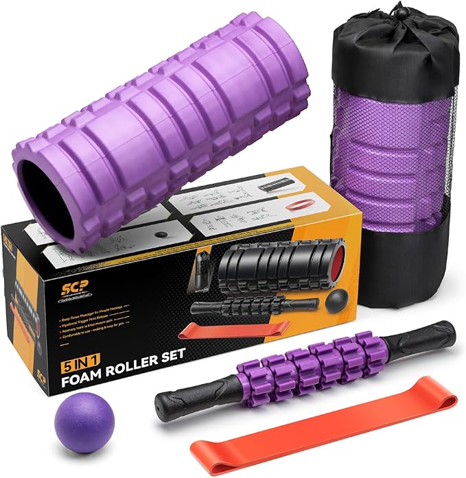 5 in 1 Foam Roller Set for Deep Tissue Muscle Massage, High Density Trigger Point Fitness Patented Exercise Foam Roller, Massage Roller, Massage Ball, Resistance Band, for Whole Body(Purple)-CasaMuseHome