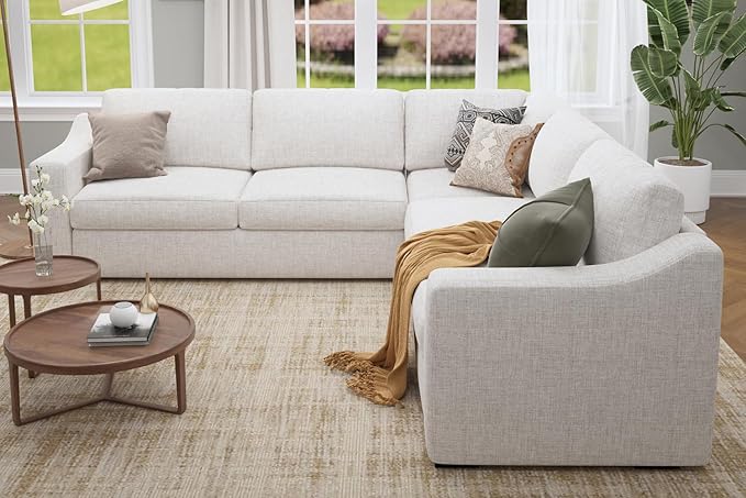 112" L Shaped Sectional Sofa with Detachable Sofa Cover, Reversible Sectional Modular Couch for Living Room, Linen Fabric Corner Couch with 7 Seats, Ivory-CasaMuseHome