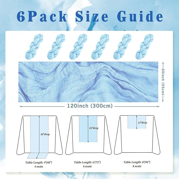 6 Pack Baby Blue Cheesecloth Table Runner 20 x 120 Inch Long Rustic Gauze Cheese Cloth Table Runner for Wedding 10FT Bridal Baby Shower Table Decorations Boho Fabric Sheer Birthday Party Table Decor-CasaMuseHome