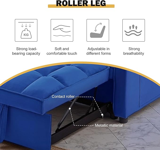 3 in 1 Sleeper Sofa Beds, Futon Sofa Bed for Living Room with Side Pocket, Sleepers Couch with Pullout Bed, Convertible Love Seat Sleepers Couch for Living Room, Bedroom, Small Space, Blue-CasaMuseHome
