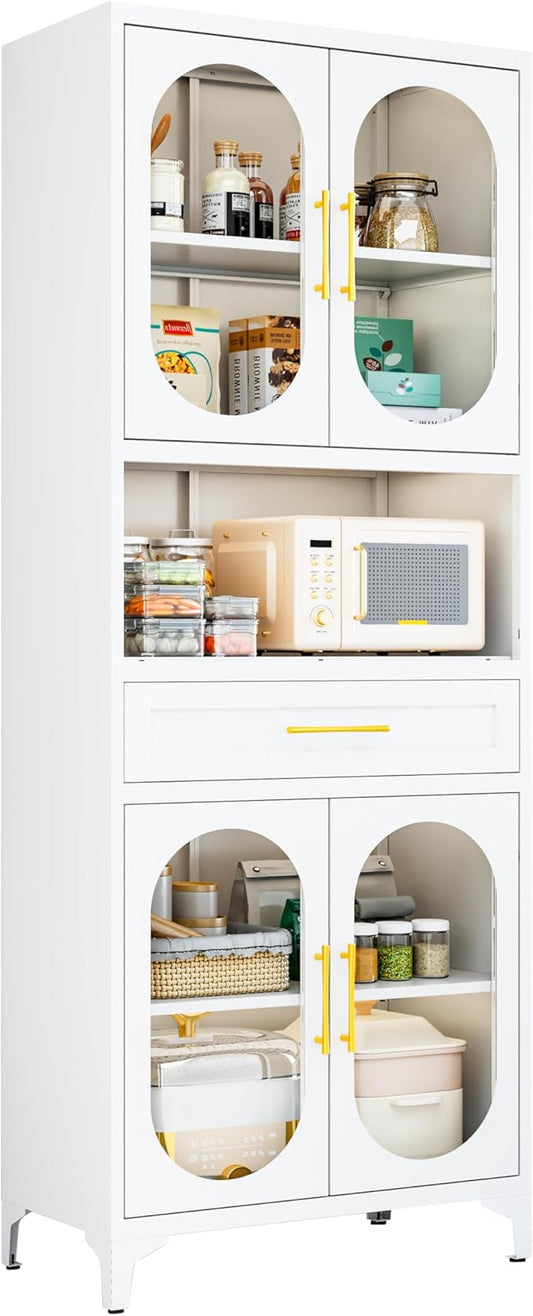 75” Tall Kitchen Pantry Storage Cabinet, Metal Storage Cabinet with 1 Drawer and Adjustable Shelves, Kitchen Pantry Cupboard, Freestanding Cupboard for Bathroom, Living Room (White-Glass Door)-CasaMuseHome