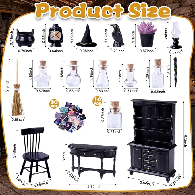 56 Pcs Halloween Miniatures Decorations 1:12 Scale Magic House Accessories Mini Wooden Bookshelf Furniture Set Tiny Sorcery Bottles Books Desk Chair Witch Hat Dollhouse Decor-CasaMuseHome