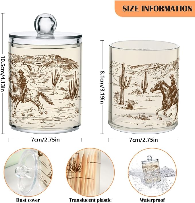 2 Pack Qtip Holder Organizer Dispenser Western Desert Cowboy Bathroom Storage Canister Cotton Ball Holder Container for Cotton Swabs/Pads/Floss-CasaMuseHome