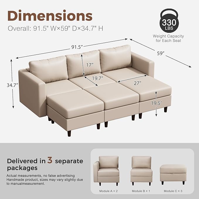 91.5" Luxury Modular Sleeper Sofa Bed with Storage Seat, 6 Seat Sectional Couch Deep Seat with Reversible Chaises & Removable Cover for Living Room - Faux Leather Whitesand-CasaMuseHome