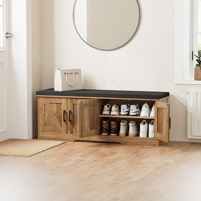 2-Tier Storage Bench, Shoe Bench with Padded Seat Cushion, Entryway Bench with 4 Barn Doors, Adjustable Shelf, 13.8" D x 47.2" W x 17.7" H, for Entryway, Living Room, Bedroom, Rustic Walnut-CasaMuseHome