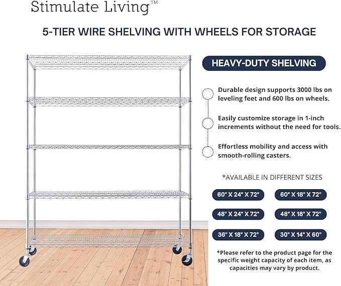 60"x24"x72" PRIME HEAVY DUTY Chrome 5-Tier Wire Shelving NSF 3000 LBS MAX Capacity Storage Rack for Commercial, School, Home, Garage, Warehouse, Industrial, and Hospital Uses (with Wheels)-CasaMuseHome