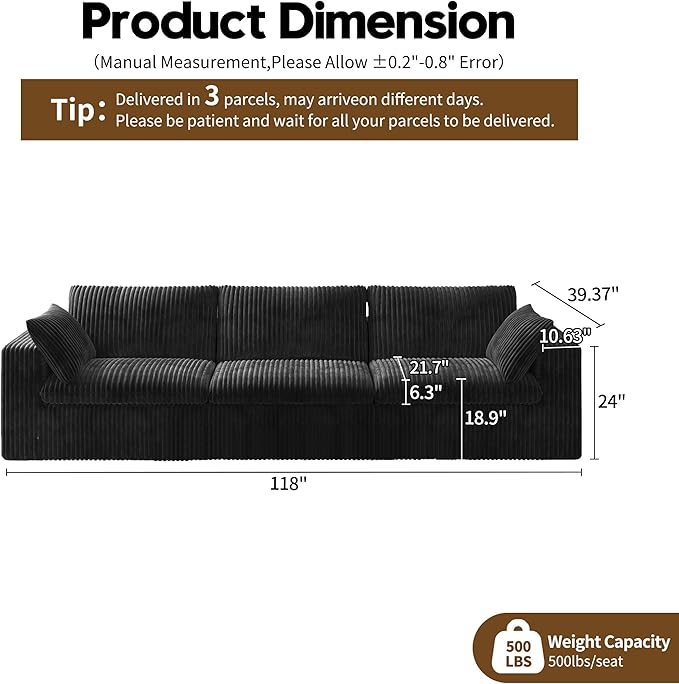 118" 3-Seater Cloud Sofa,Modular Sectional Couch,Modern Deep Seat Upholstered Couches with Plush Corduroy Fabric for Living Room Furniture,Bedroom and Apartment,No Assembly Required,Black-CasaMuseHome