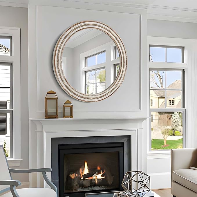 24 Inch Round Mirror - Distressed Vintage Farmhouse Mirror for Bathroom Wall, Living Room, Bedroom & Entryway, Handmade Wood Frame-CasaMuseHome