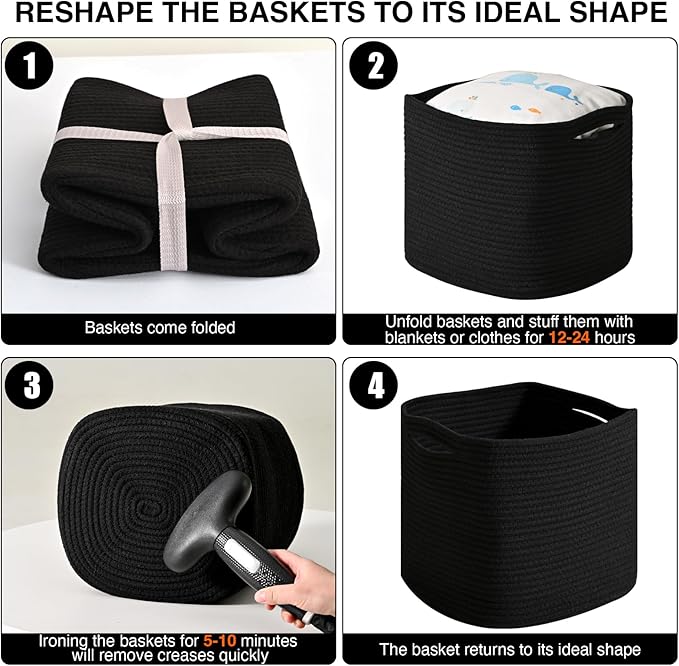 11 Inch Cube Storage Bins, Storage Cube Organizer Bins, Woven Cotton Rope Basket for Storage, Storage Baskets for Organizing Shelves, Square Baskets for Toys, Black (Pack of 3)-CasaMuseHome