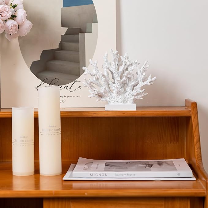 5.8" H White Coral Decor, Resin Coral Statue, Nautical Decorations for Home, Bedroom, Bathroom, Living Room, Beach/Coastal/Ocean Themed Cabinet Shelf Tabletop Decor-CasaMuseHome