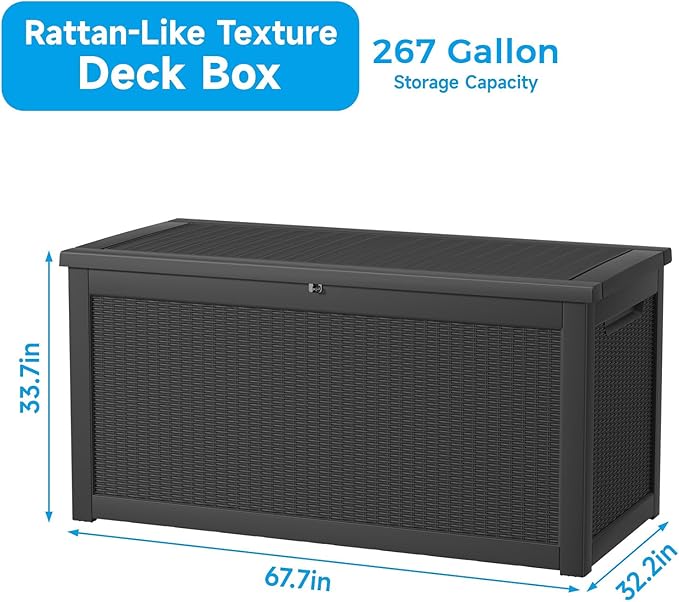 267 Gallon Deck Box Large Outdoor Storage for Patio Furniture,Outdoor Cushions,Garden Tools and Pool Supplies,Waterproof,Resin,Lockable(Black Rattan)-CasaMuseHome