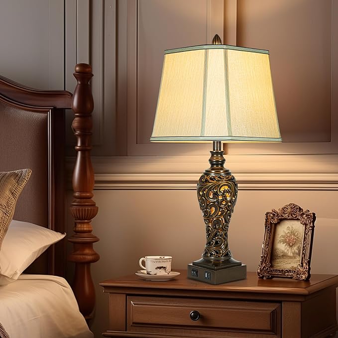 28.5" high Vintage Brown Table Lamps Set of 2 - Bedside Lamp with Faux Silk Shades - for Bedroom and Living Room with USB and Nightlight - Perfect for Nightstands and Bedrooms (Bulb Included)-CasaMuseHome