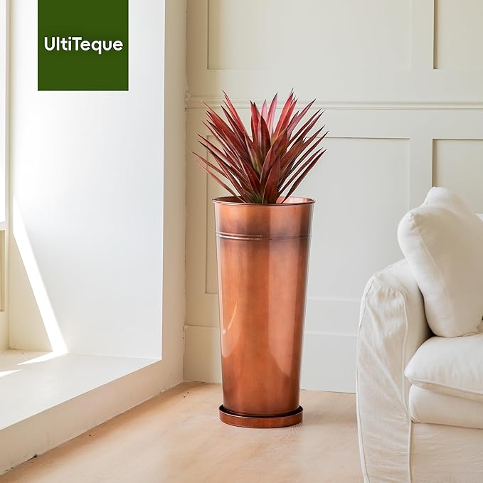 28in Tall Antique Copper Metal Vintage Planter Set of 2,Galvanized Steel Planter Pots for porches/Indoor/Outdoor/terraces Patio- Copper Color(2planters,2inner pots with Holes, 2trays)-CasaMuseHome