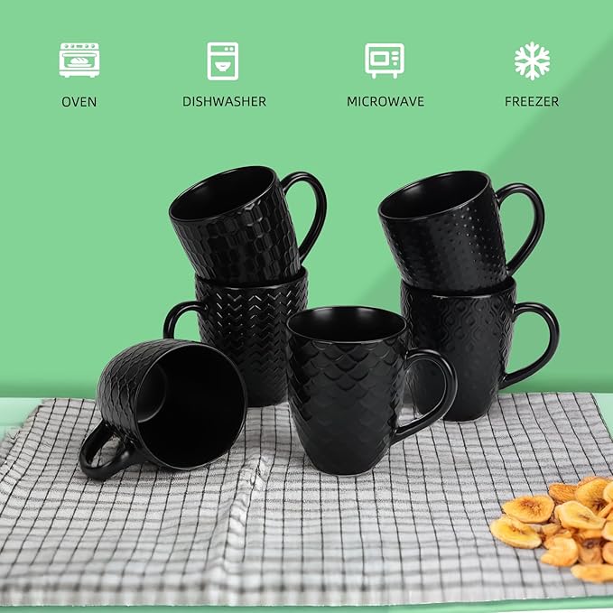16 OZ Bone Coffee Mugs Set of 6 Matte Black, Large Ceramic Coffee Mugs Set with Different Texture Patterns, Porcelain Cups with Handle for Espresso Latte Tea Milk-CasaMuseHome