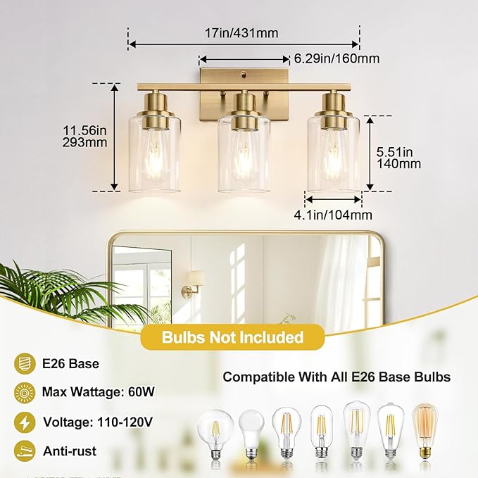3 Light Bathroom Light Fixtures, Brass Vanity Lights for Bathroom with Clear Glass Shades, Modern Bathroom Wall Sconces for Mirror Living Room Cabinet-CasaMuseHome