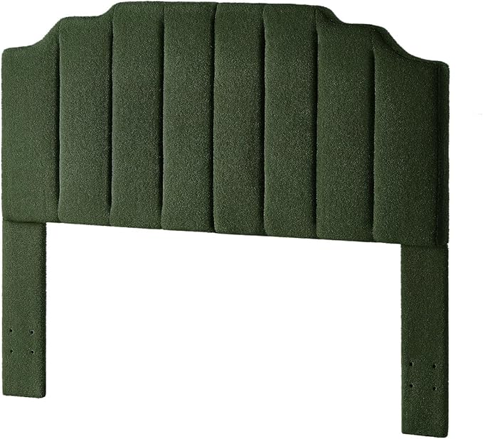 24KF Dark Green Teddy Fabric Tufted for Queen Upholstered Headboard, Modern Vertical Channel Design Full Headboard with Stepped Silhouette Top Edge, 6026-Q-Teddy Dark Green-CasaMuseHome