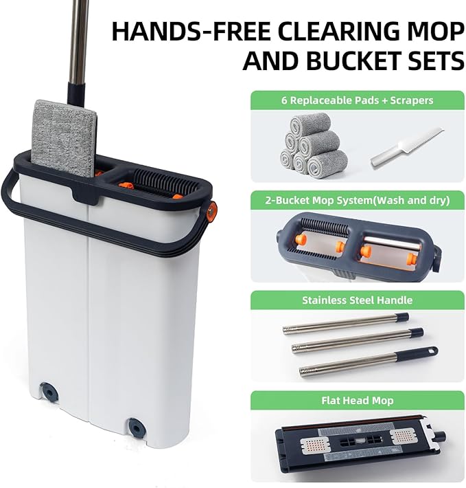 360° Mop and Bucket Set with Wringer – Microfiber Floor Mop System for Home Cleaning – Long Handle, Wash & Dry Dual Tank, Extra Absorbent Pads, Space-Saving Design for Hardwood, Tile & Laminate Floors-CasaMuseHome