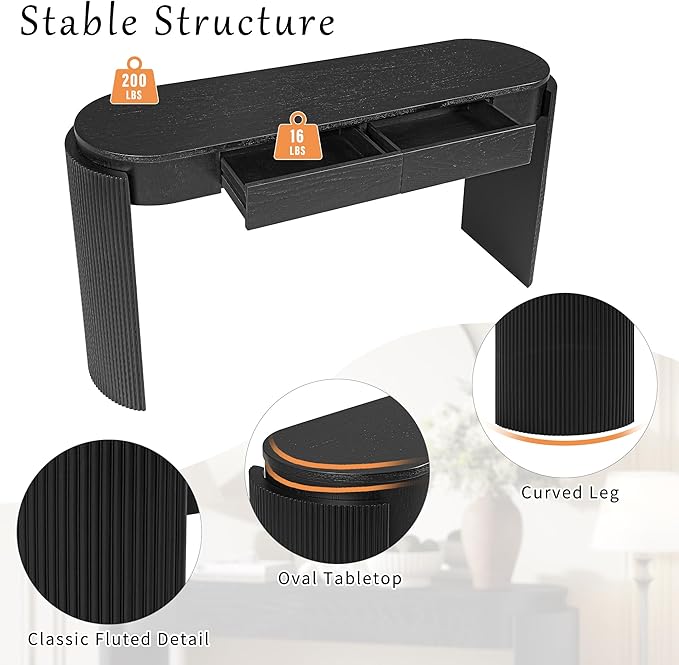 55" Sofa Table with Oval Top and 2 Drawers, Entryway Console Table with Fluted Design for Hallway,Foyer,Entry and Living Room (Fully Assembled-Black)-CasaMuseHome