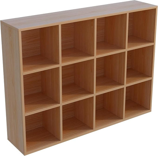 12-Cube Storage Shelf Bookcase - Wooden 3-Tier Floor Standing Open Bookshelf for Home and Office, Display Cabinet, Oak-CasaMuseHome