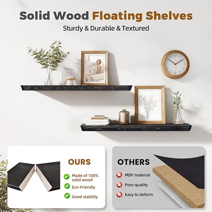 36"x6.8"x1.6" Slanted Floating Wall Shelves 2-Pack - Rustic Black Finish, Heavy-Duty Solid Wood Design with Hidden Brackets - Perfect for Living Room, Kitchen, Bathroom, or Office-CasaMuseHome