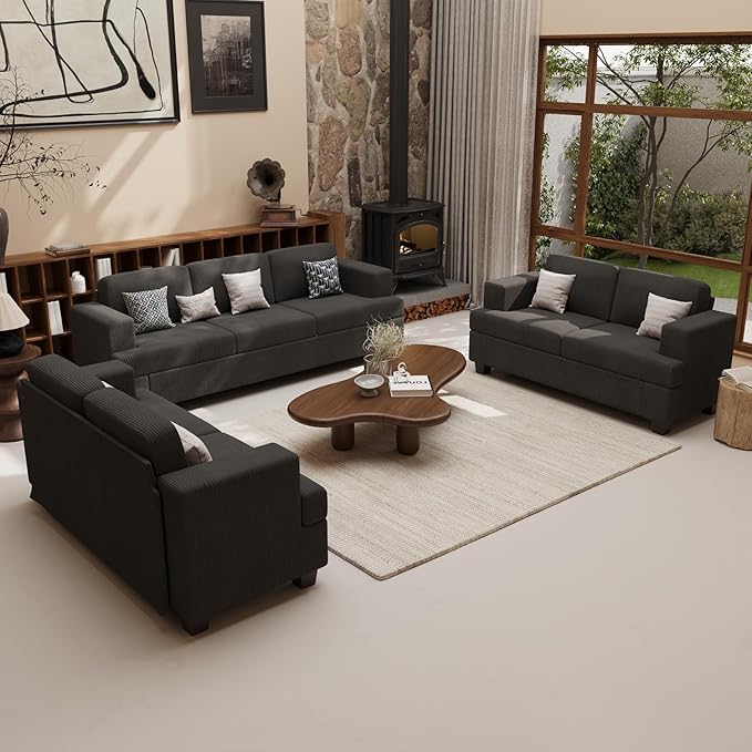 3 Seater Corduroy Couch for Living Room, 89” Black Cloud Sofa, Deep Seat Floor Couch for Bedroom, Futon Modern Sofa Sectional Bed, Black Corduroy-CasaMuseHome