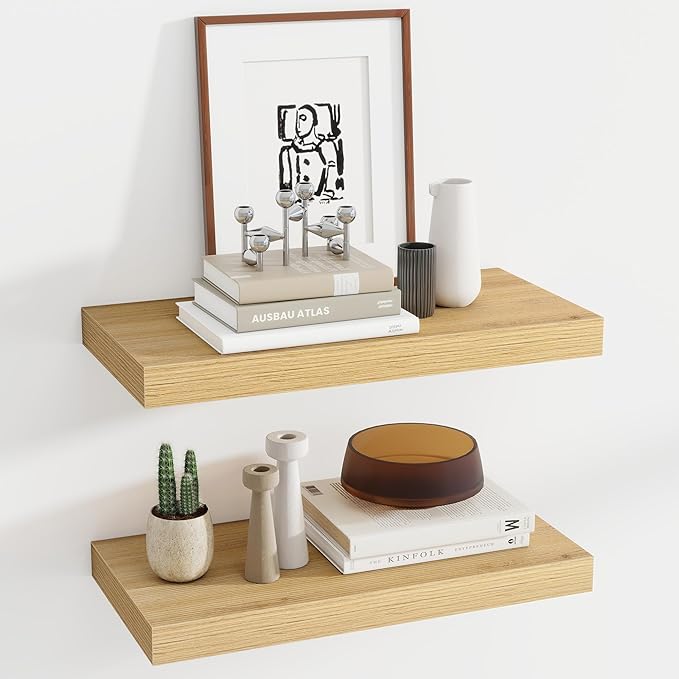 24 Inch Floating Shelves, 12 Inch Deep Floating Shelves for Wall, Floating Shelf with Invisible Brackets, Deep Shelves for Bathroom, Bedroom, Living Room, 2 Pack, Natural-CasaMuseHome