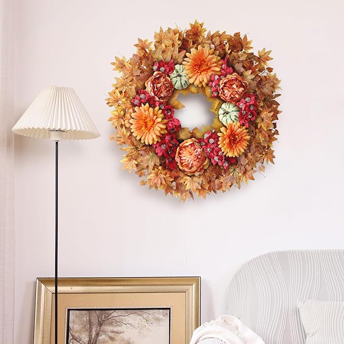 26" Fall Wreath for Front Door - Large Artificial Maple Leaves Fake Silk Peony Faux Pumpkin Outdoor Wreath for Porch, Window,Farmhouse,Home,Thanksgiving Day Harvest Festival Autumn Decor-CasaMuseHome