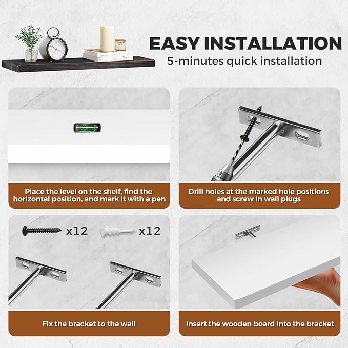 3-Pack Floating Wall Shelves, 24-Inch Rustic White Wooden Shelves for Storage and Décor, Easy Installation for Living Room, Bedroom, and Kitchen-CasaMuseHome