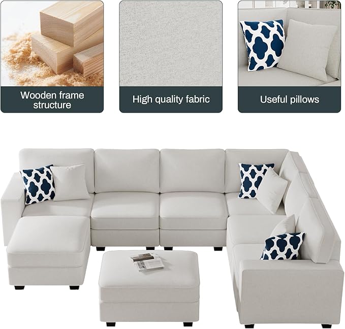 L Lengend Vansen Modular Sectional Sofa U Shaped Couch with Ottoman Modern Reversible Corner Sectional Couch for Living Room (Cream, U Shaped Sofa-3)-CasaMuseHome