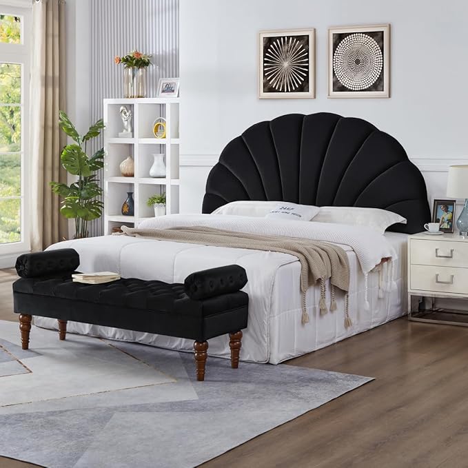 24KF Stunning Crown Design King Headboard, Upholstered Soft Velvet Petal Pattern Headboard King/CA King-Black-CasaMuseHome