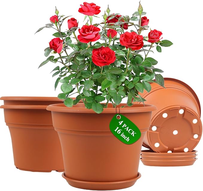 16 inch Plastic-Flower-Pot-for-Indoor-Plants, 4 Pack Large Outdoor Planter Pot with Drainage Holes & Saucers, Resin Decorative Garden Pots Planters-CasaMuseHome